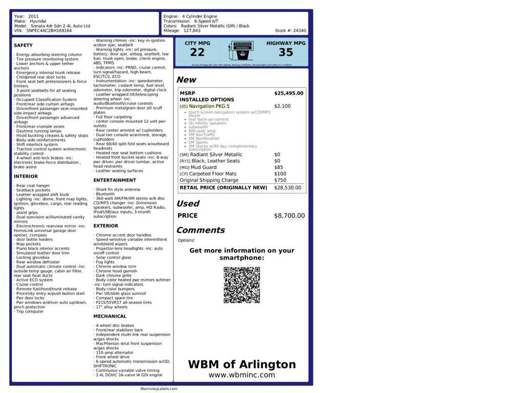 used 2011 Hyundai Sonata car, priced at $6,395