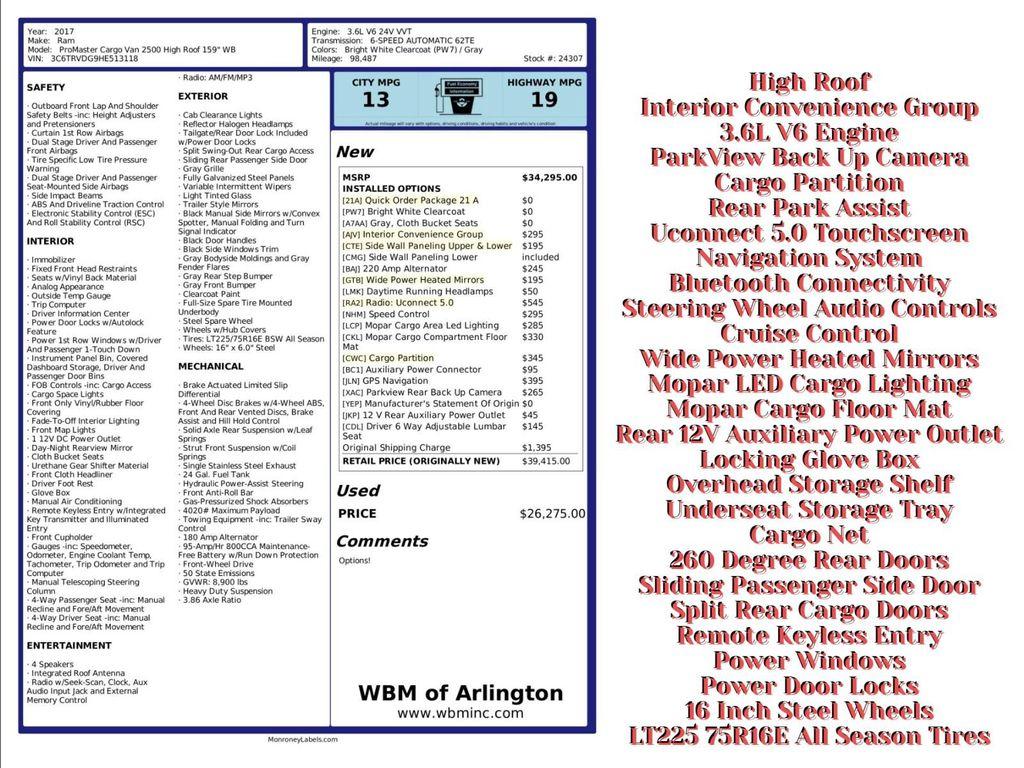 used 2017 Ram ProMaster 2500 car, priced at $19,995