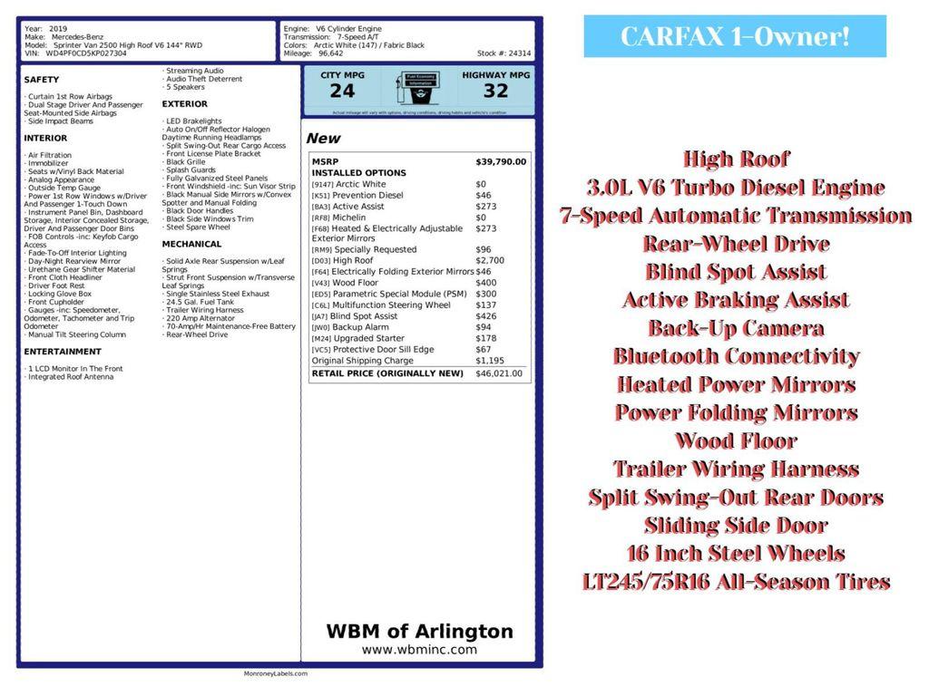 used 2019 Mercedes-Benz Sprinter 2500 car, priced at $19,895
