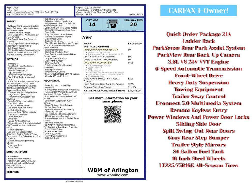 used 2016 Ram ProMaster 2500 car, priced at $14,495