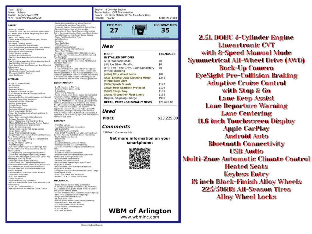 used 2020 Subaru Legacy car, priced at $18,895
