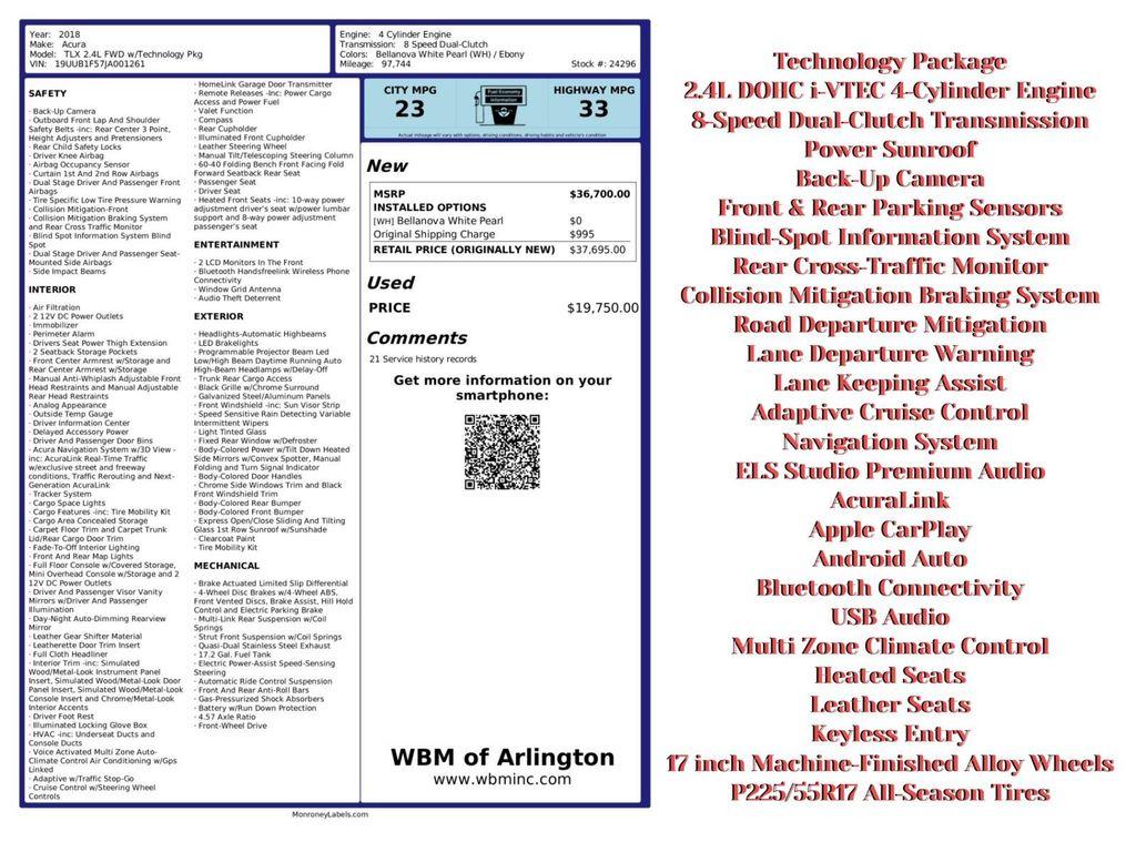 used 2018 Acura TLX car, priced at $16,495