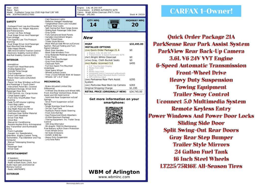 used 2016 Ram ProMaster 2500 car, priced at $10,495
