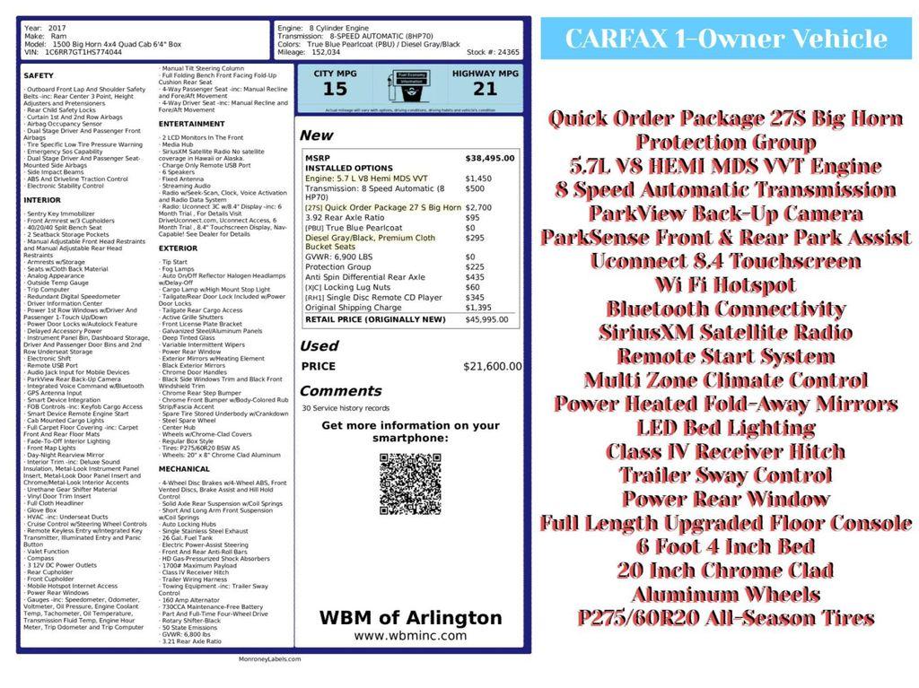 used 2017 Ram 1500 car, priced at $13,995