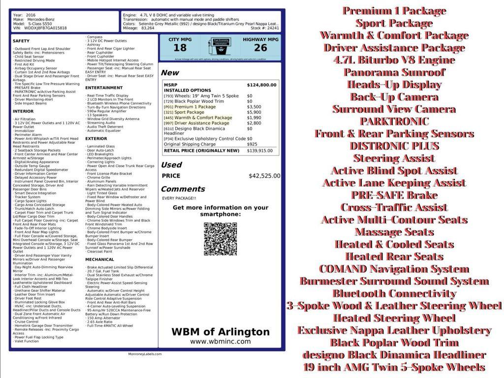 used 2016 Mercedes-Benz S-Class car, priced at $30,995