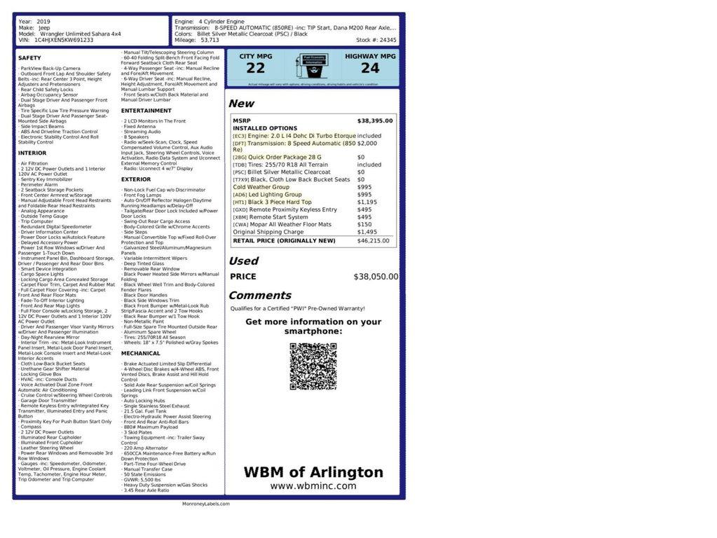 used 2019 Jeep Wrangler Unlimited car, priced at $26,195