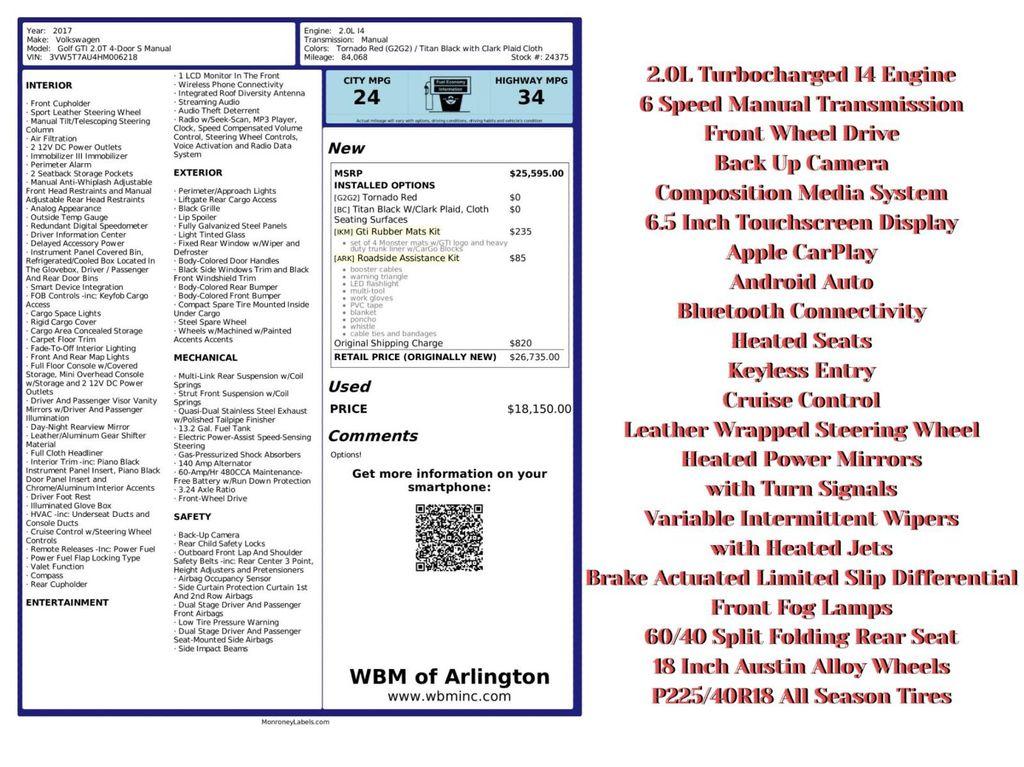 used 2017 Volkswagen Golf GTI car, priced at $15,995