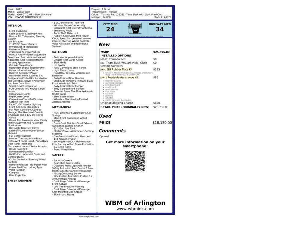 used 2017 Volkswagen Golf GTI car, priced at $15,995