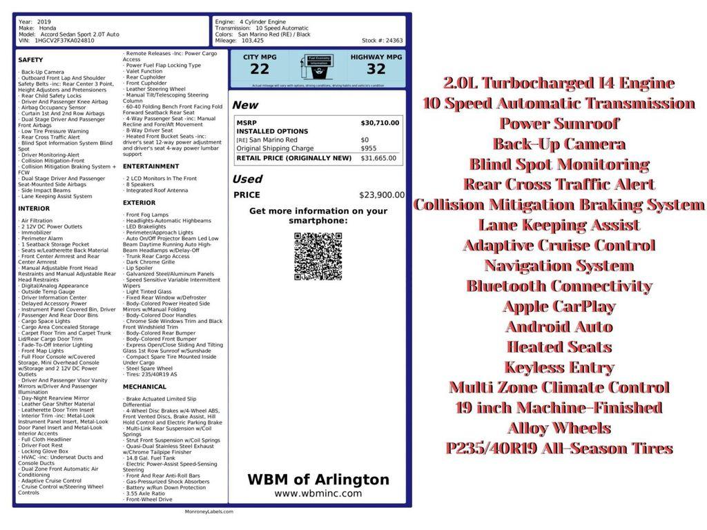 used 2019 Honda Accord car, priced at $18,395