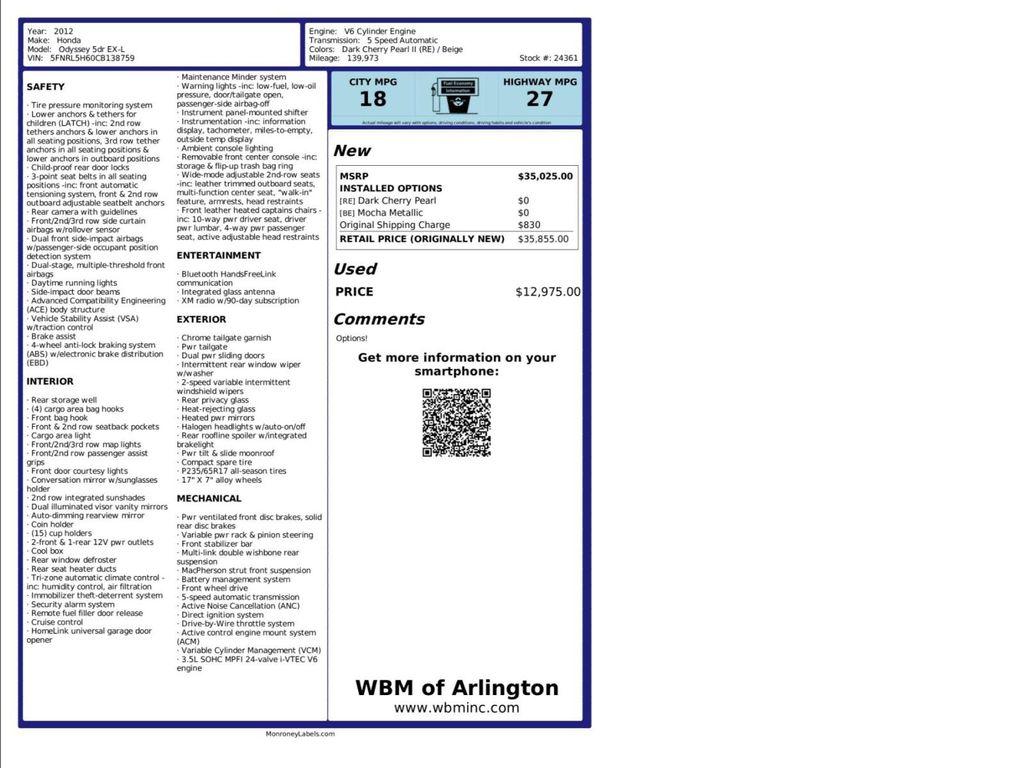 used 2012 Honda Odyssey car, priced at $8,995