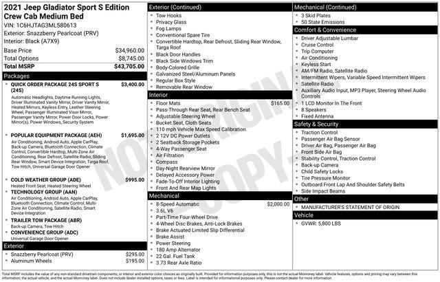 used 2021 Jeep Gladiator car, priced at $29,799