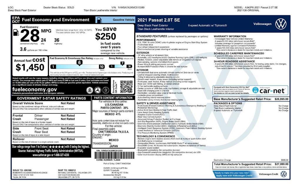 used 2021 Volkswagen Passat car, priced at $17,674