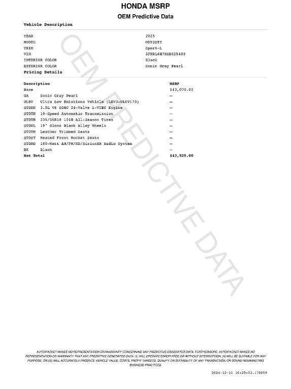 new 2025 Honda Odyssey car, priced at $42,920