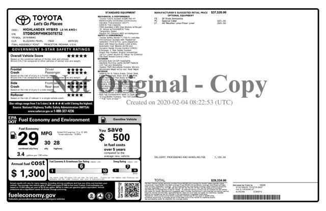 used 2019 Toyota Highlander Hybrid car, priced at $18,300