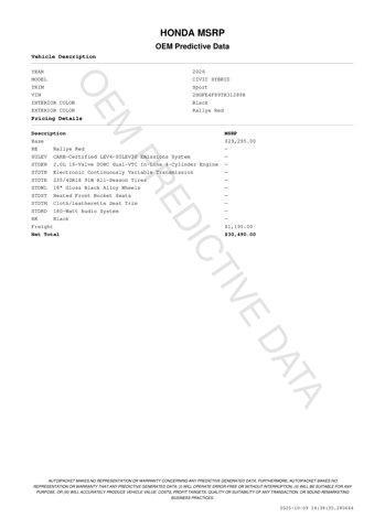 new 2026 Honda Civic Hybrid car, priced at $29,190