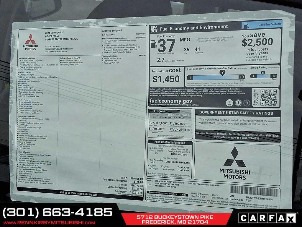 new 2024 Mitsubishi Mirage G4 car, priced at $17,315