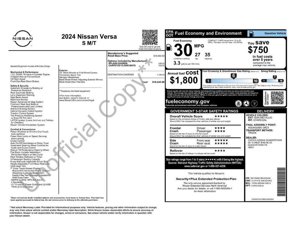 used 2024 Nissan Versa car, priced at $16,490