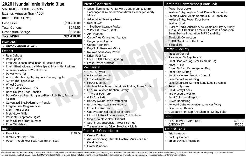 used 2020 Hyundai Ioniq Hybrid car, priced at $13,995