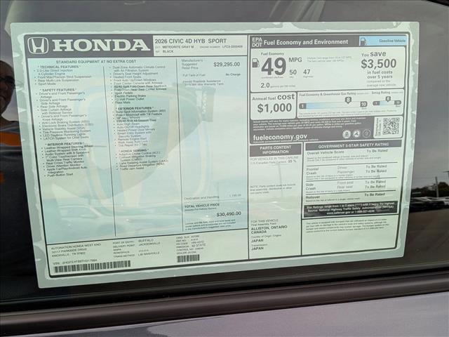 new 2026 Honda Civic Hybrid car, priced at $30,490