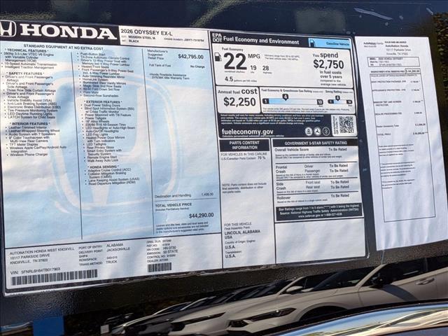 new 2026 Honda Odyssey car, priced at $44,290