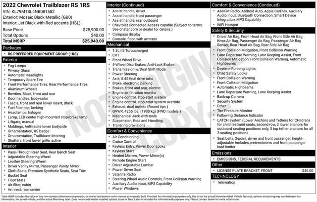 used 2022 Chevrolet TrailBlazer car, priced at $21,707