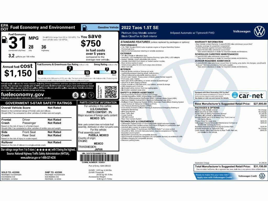 used 2022 Volkswagen Taos car, priced at $17,999