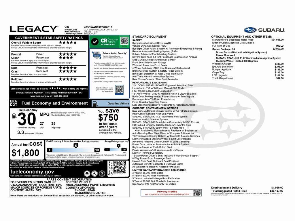 used 2024 Subaru Legacy car, priced at $24,999