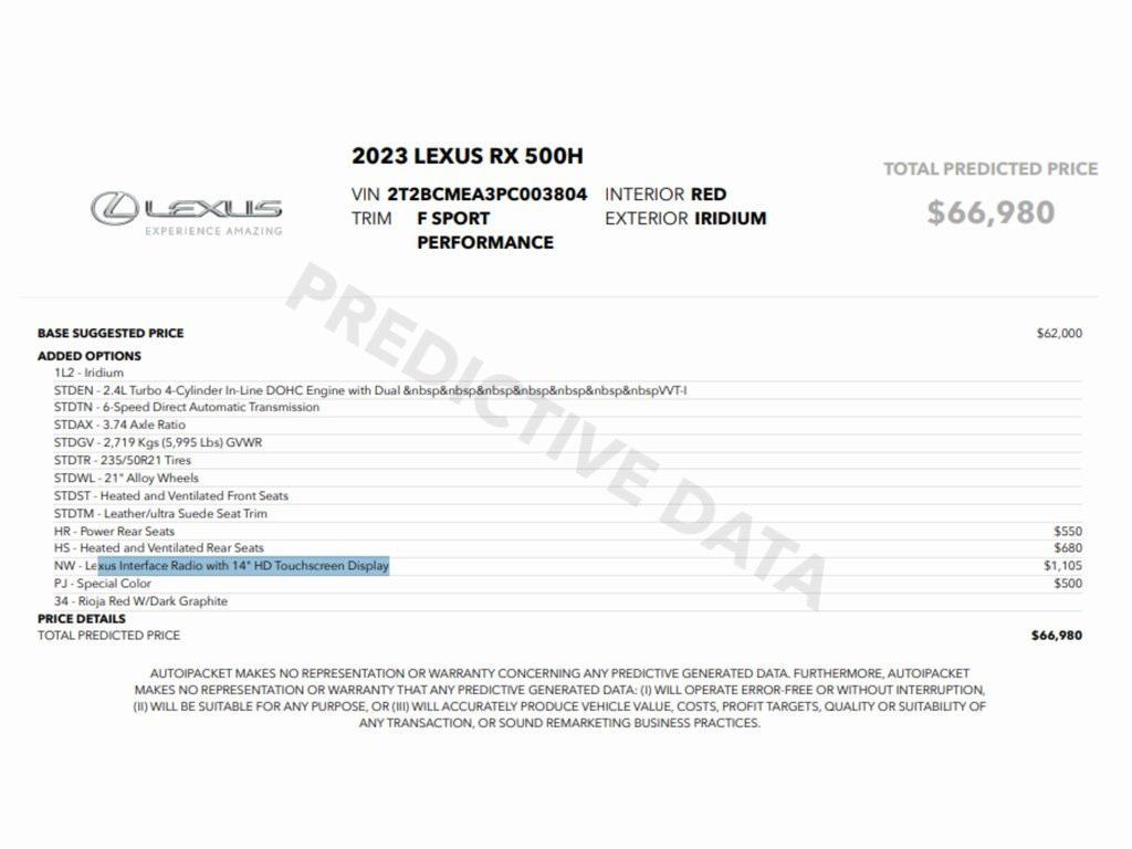 used 2023 Lexus RX 500h car, priced at $46,999