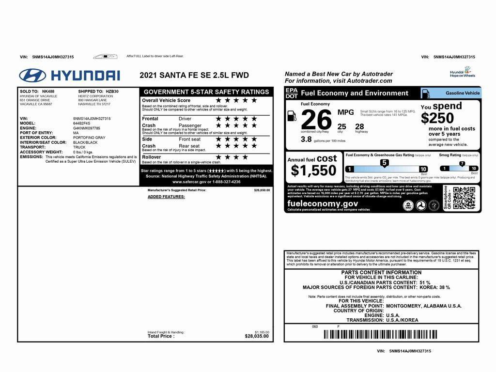 used 2021 Hyundai Santa Fe car, priced at $17,495