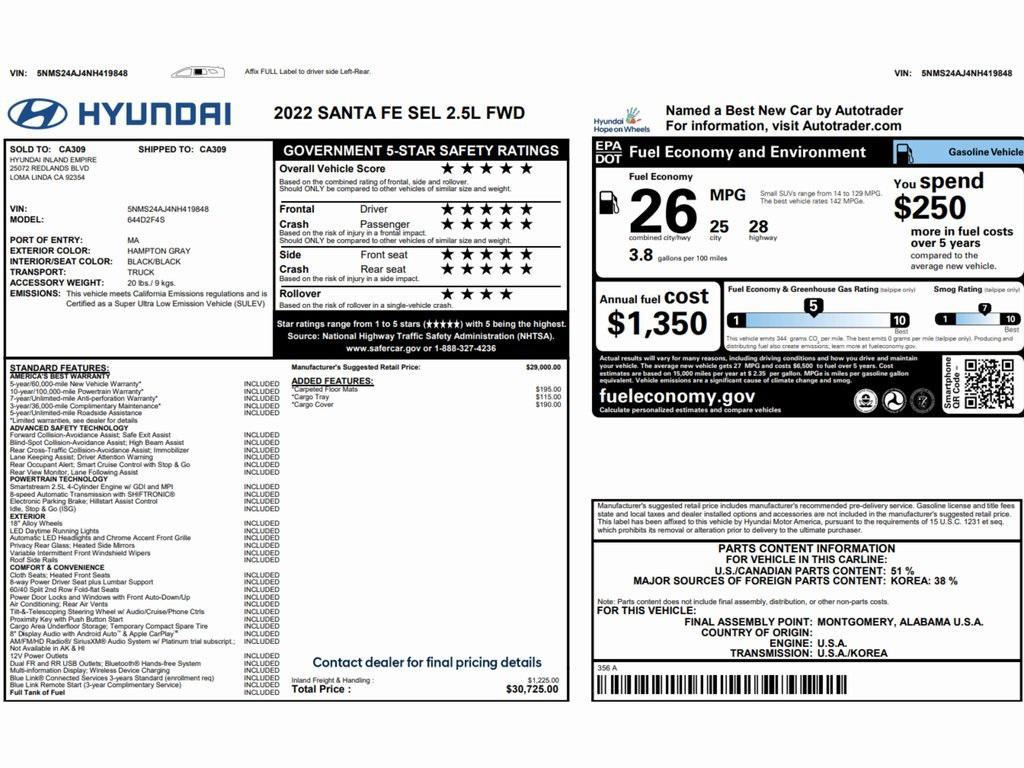 used 2022 Hyundai Santa Fe car, priced at $17,999