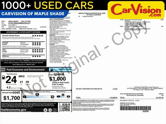 used 2021 Toyota Highlander car, priced at $30,499