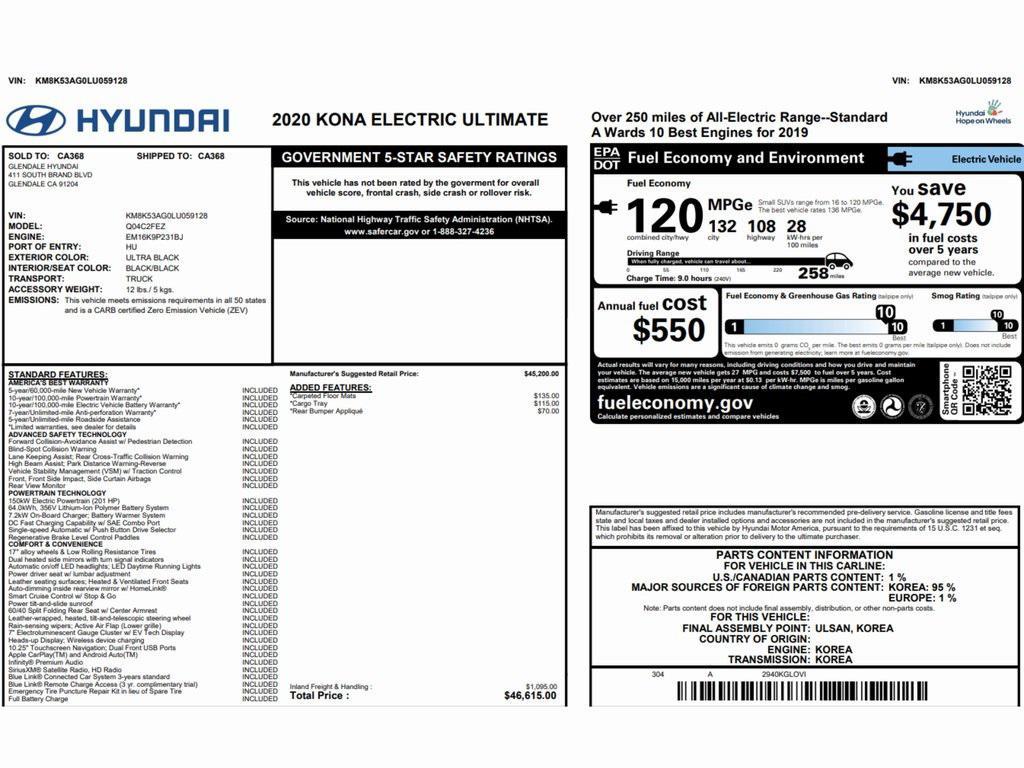 used 2020 Hyundai Kona EV car, priced at $13,999