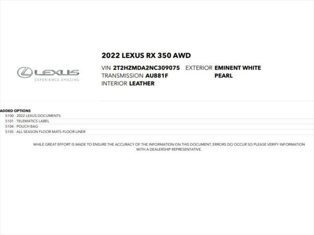 used 2022 Lexus RX 350 car, priced at $37,999