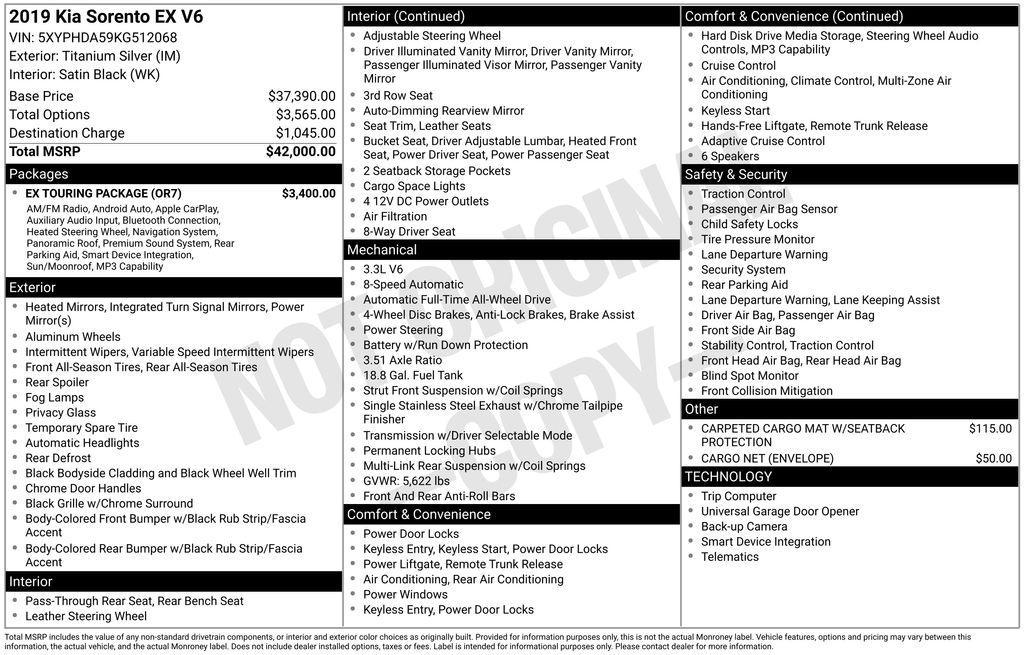 used 2019 Kia Sorento car, priced at $19,450