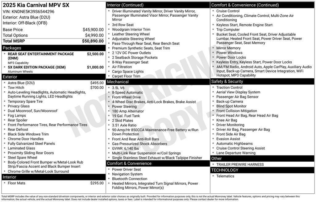 new 2025 Kia Carnival car, priced at $50,325