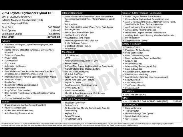 used 2024 Toyota Highlander Hybrid car, priced at $47,000