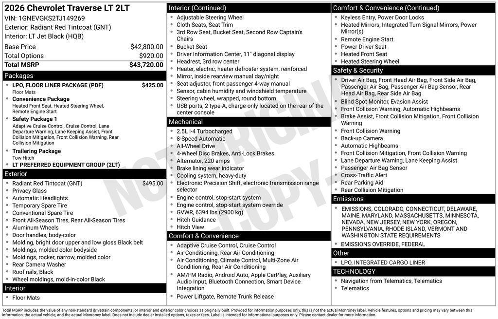 new 2026 Chevrolet Traverse car, priced at $45,615
