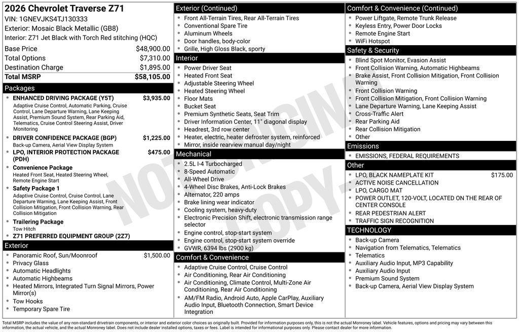 used 2026 Chevrolet Traverse car, priced at $51,500