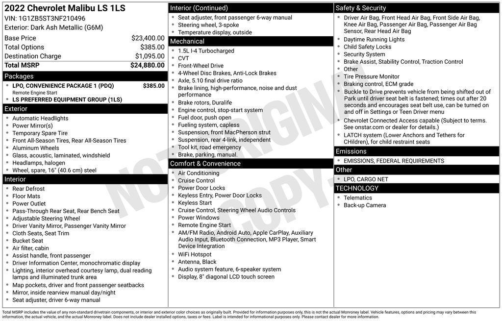 used 2022 Chevrolet Malibu car, priced at $18,000