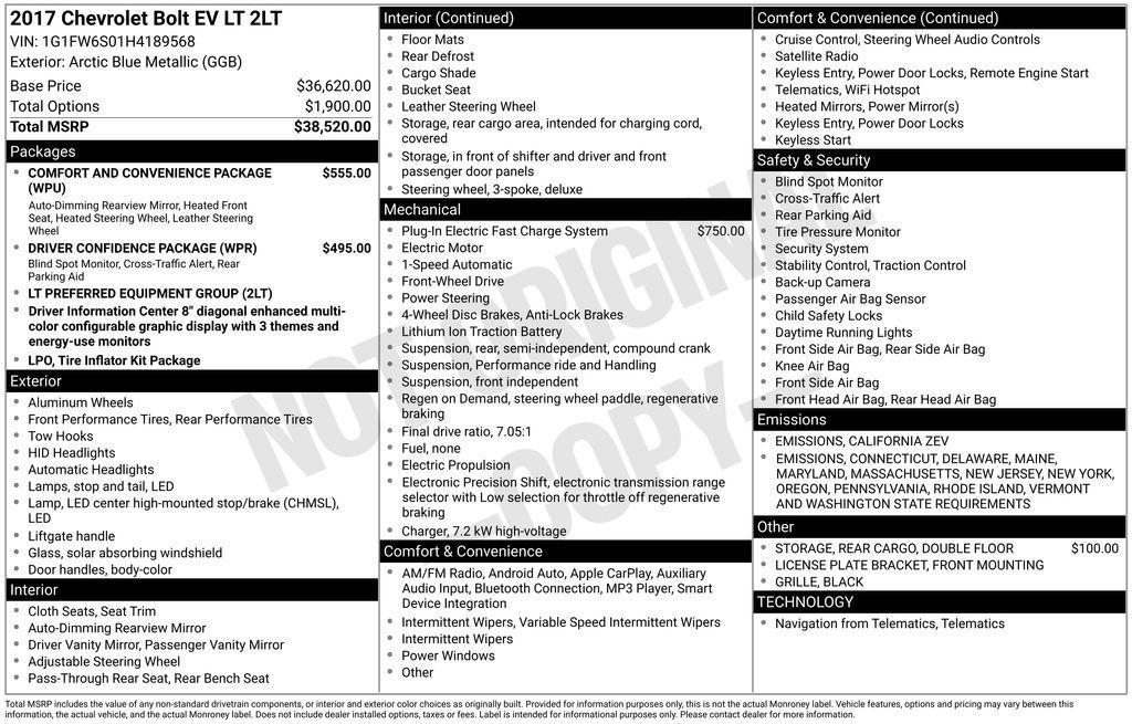 used 2017 Chevrolet Bolt EV car, priced at $10,500