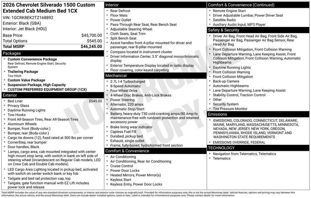 new 2026 Chevrolet Silverado 1500 car, priced at $44,740