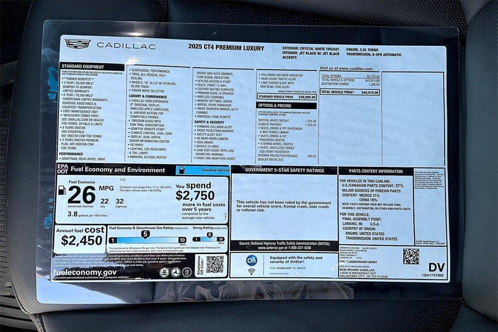 new 2025 Cadillac CT4 car, priced at $43,010