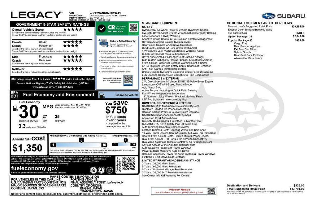used 2021 Subaru Legacy car, priced at $17,985