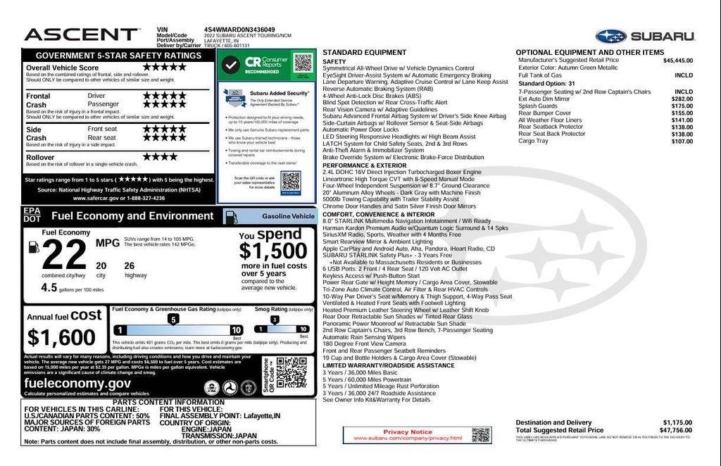 used 2022 Subaru Ascent car, priced at $20,974