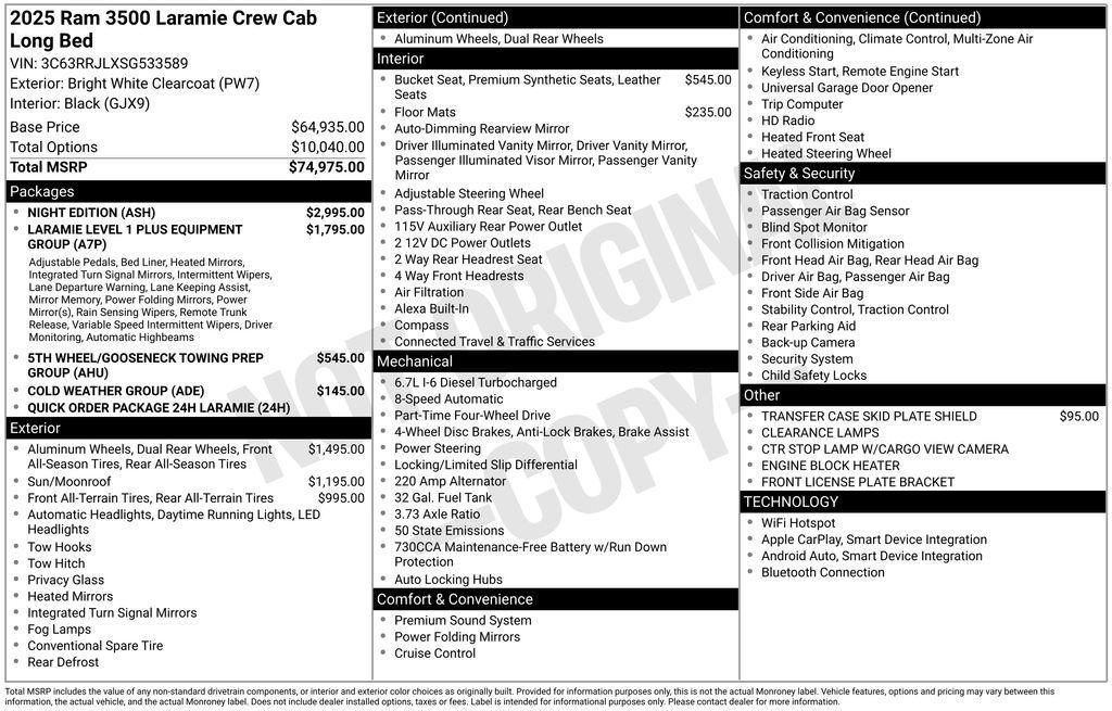 new 2025 Ram 3500 car, priced at $78,007