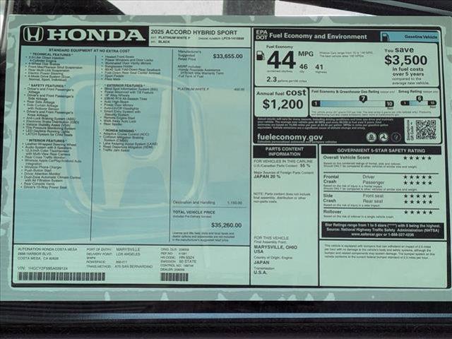new 2025 Honda Accord Hybrid car, priced at $33,975