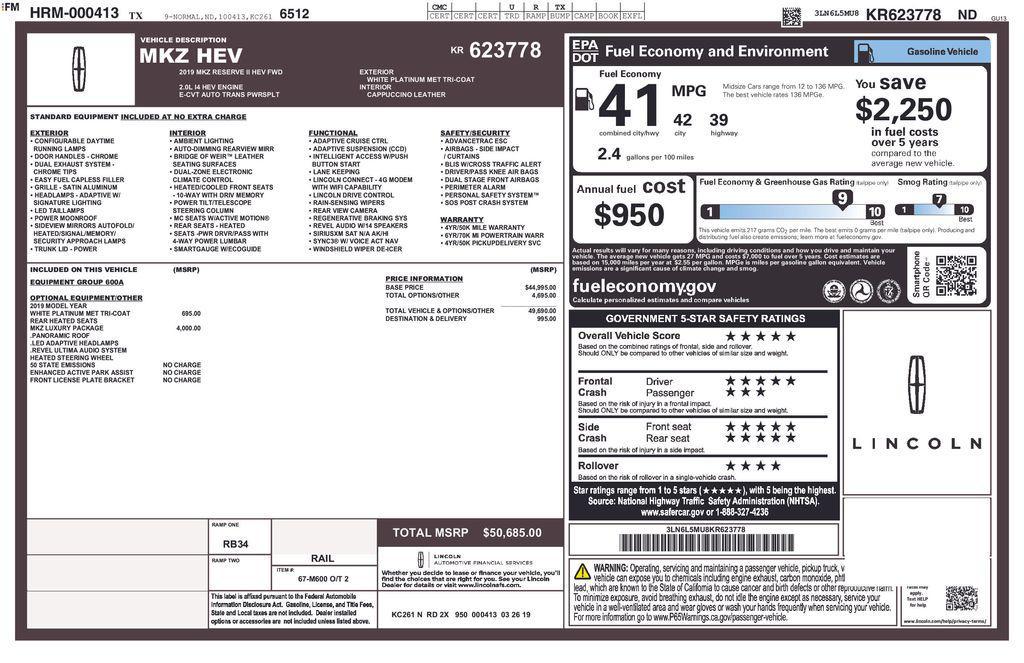 used 2019 Lincoln MKZ Hybrid car, priced at $16,000