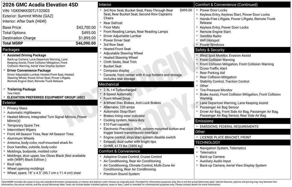 new 2026 GMC Acadia car, priced at $44,246