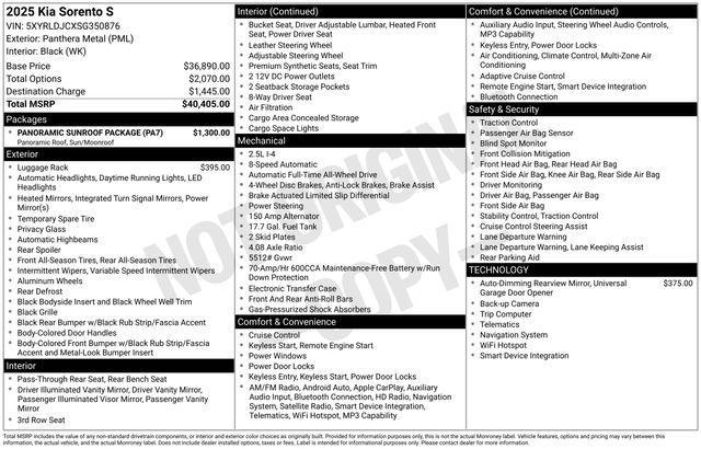 new 2025 Kia Sorento car, priced at $33,645