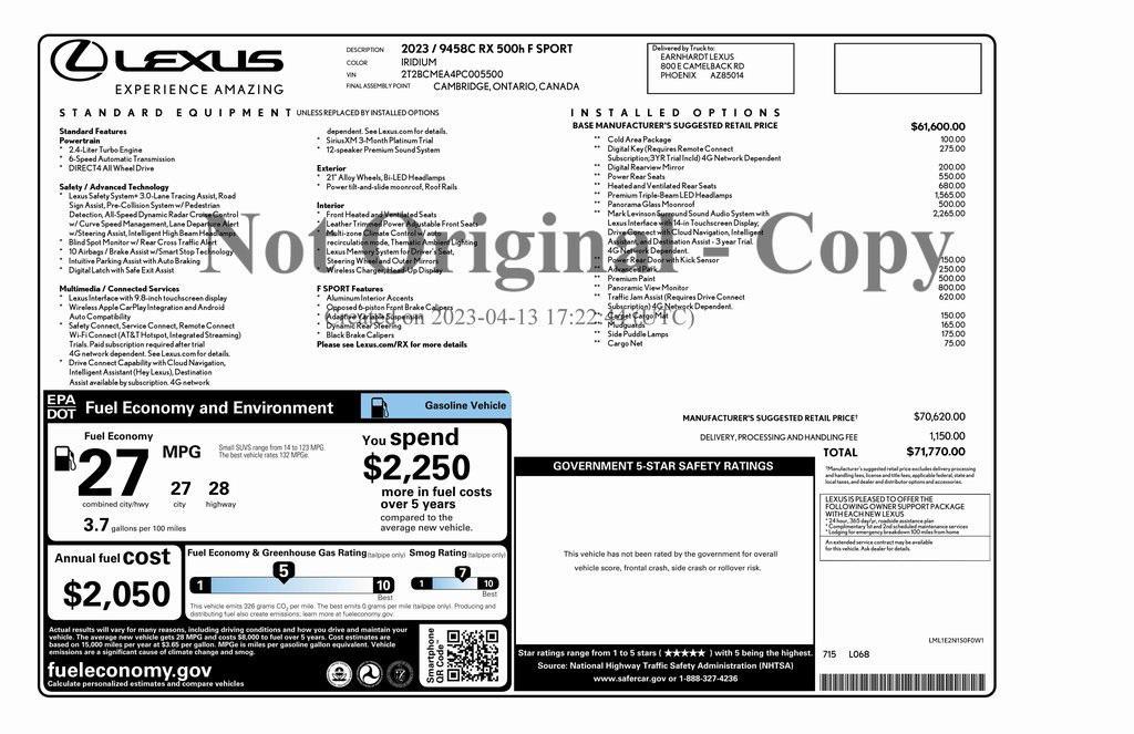 used 2023 Lexus RX 500h car, priced at $56,973